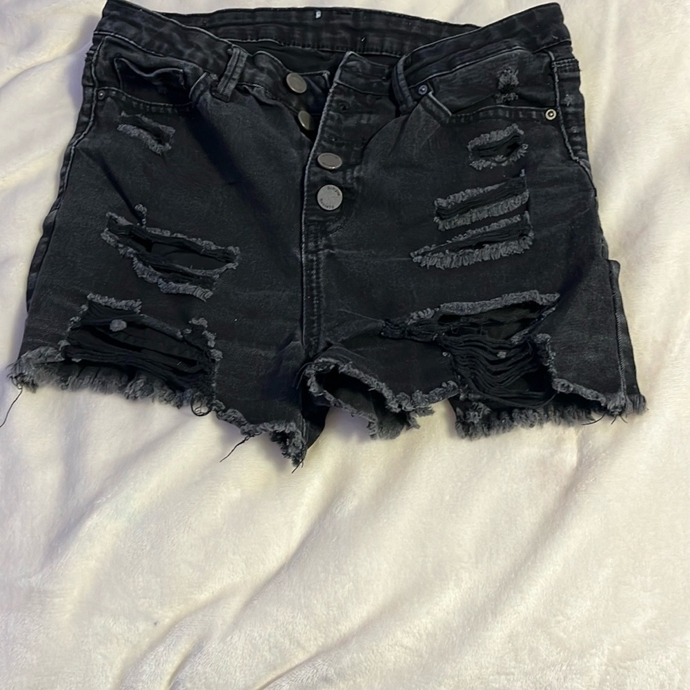 Black Jean Shorts with Distressed Rips and Frayed Hem